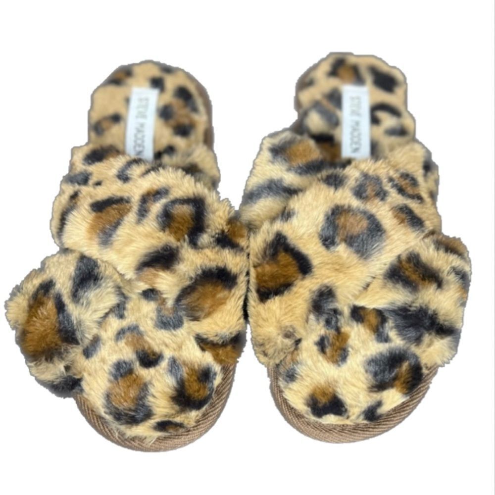Steve Madden Fur Slippers Women Leopard Print Criss Cross Slippers Sandals Sz 7 - Picture 3 of 11
